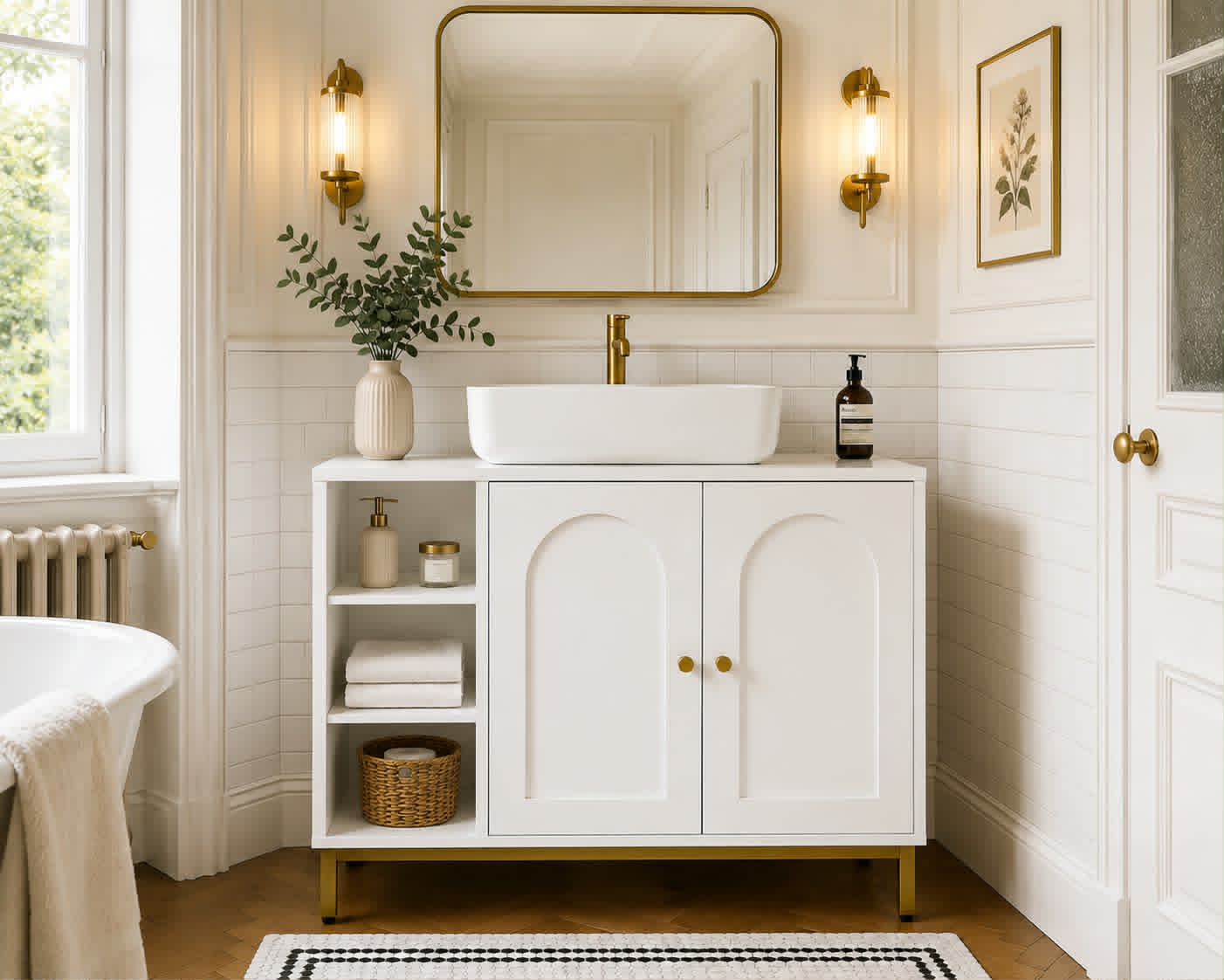 Meuble de salle de bain blanc & doré – Élégance intemporelle