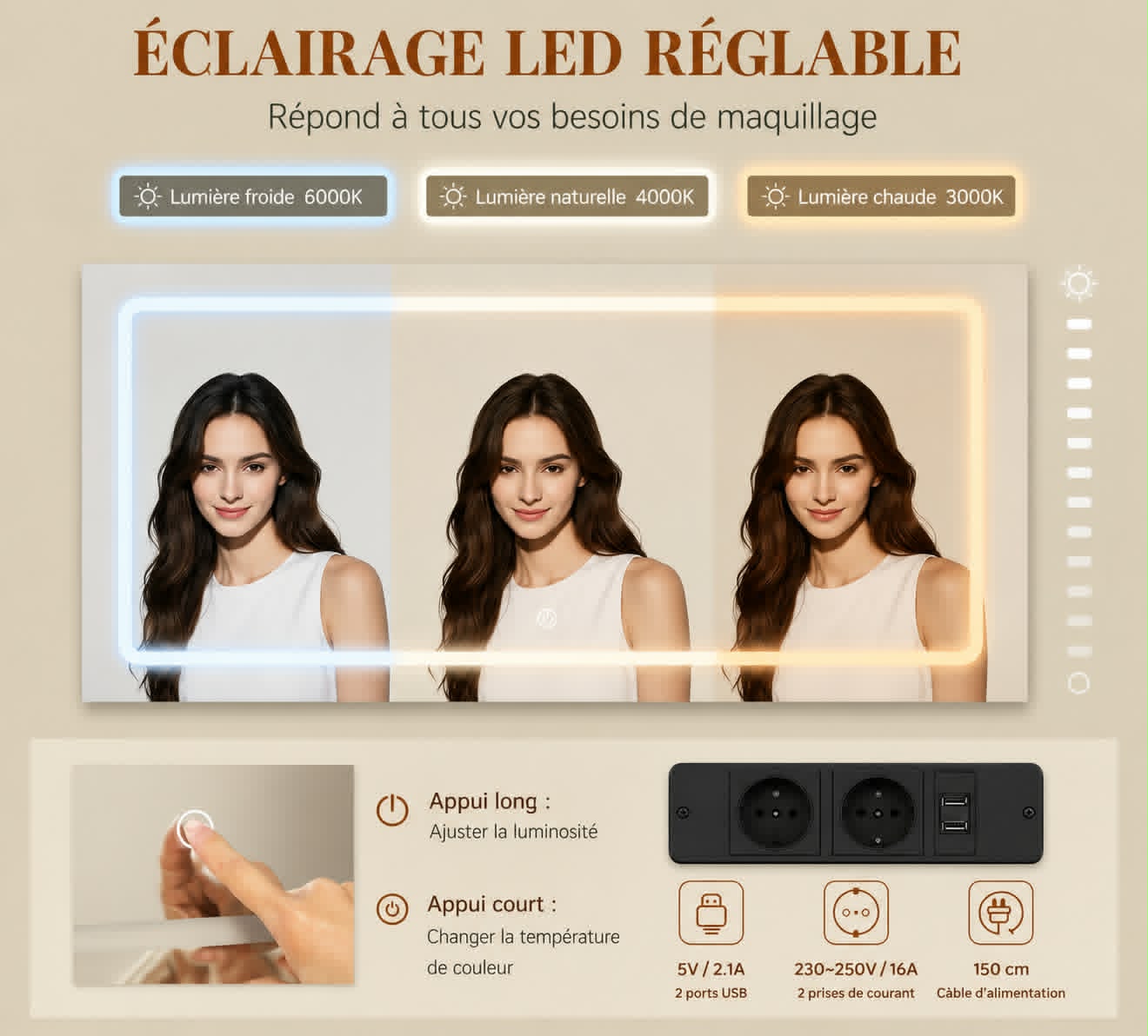 Coiffeuse avec Miroir LED – 8 Tiroirs & Rangement Multifonctionnel