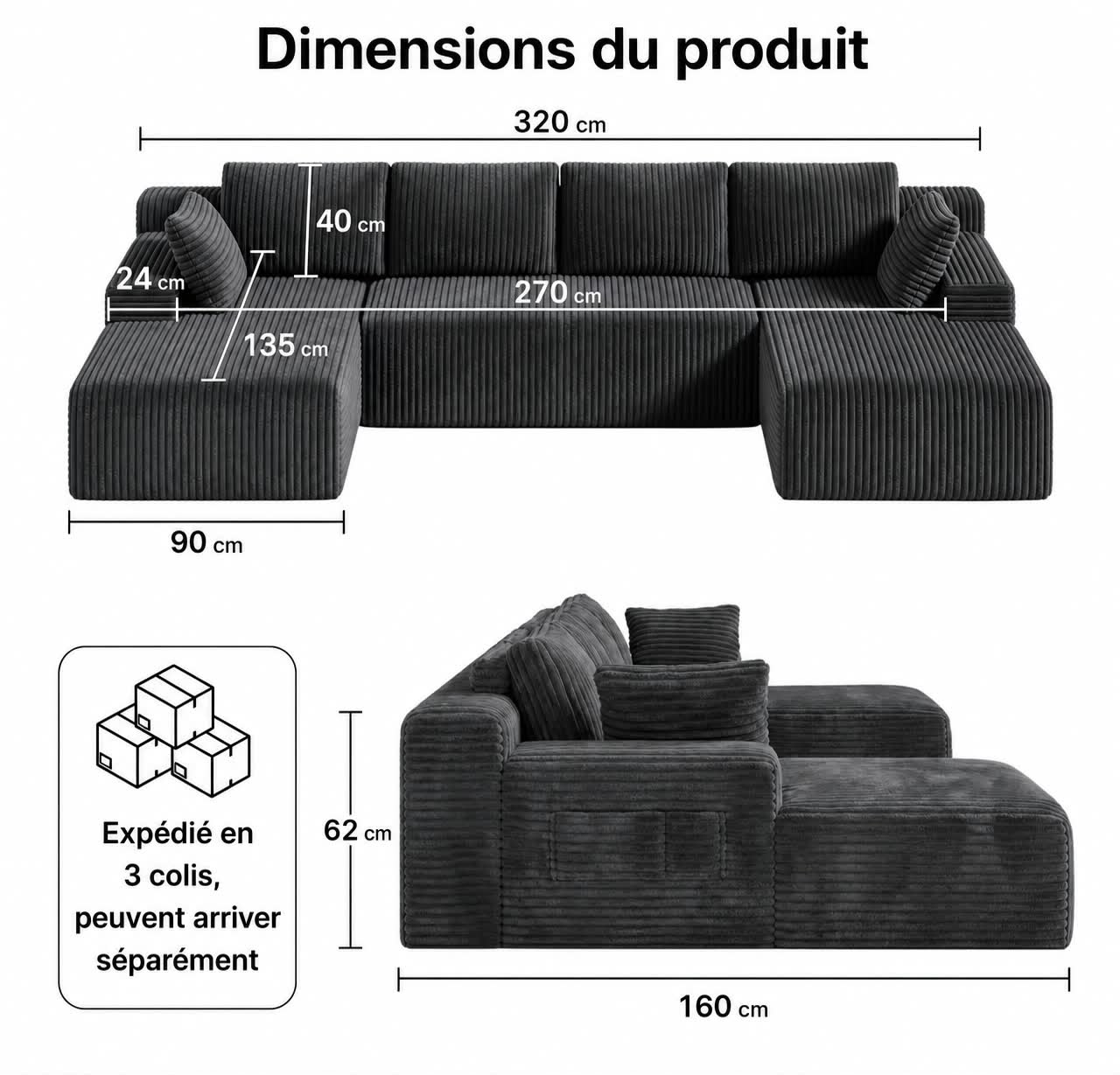 Canapé modulable 320 cm – Confort, élégance et espace