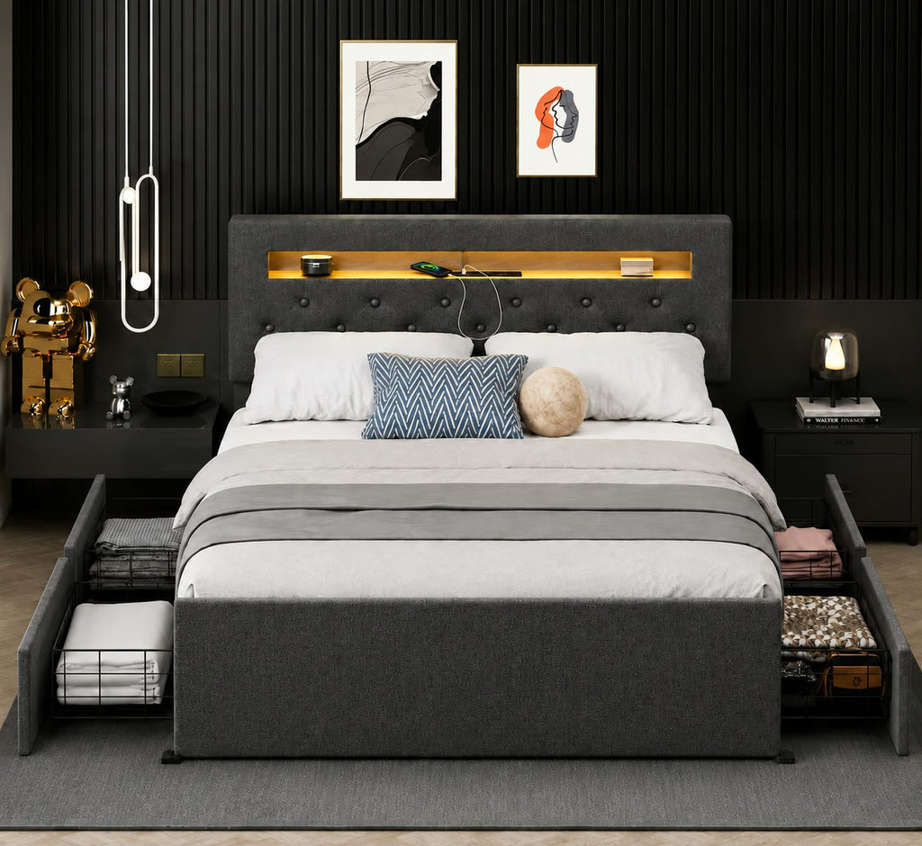 Lit Coffre Tissu Gris avec Rangement – Tête de Lit avec Étagère