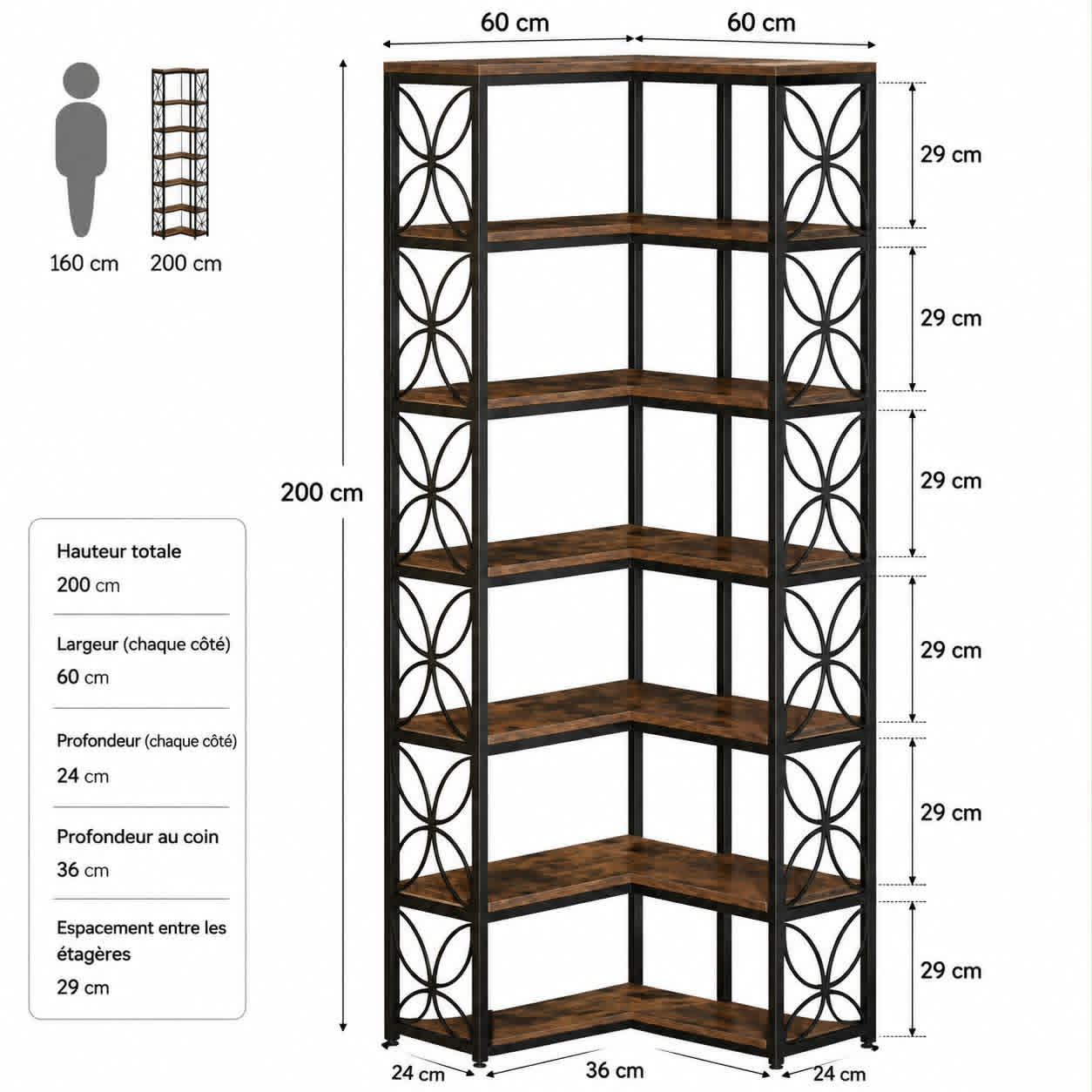 Étagère d’angle industrielle en bois et métal