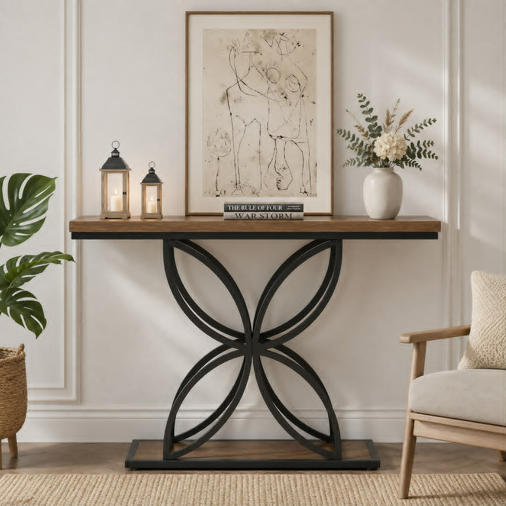 Console d’entrée élégante et moderne – finition bois brun et métal noir
