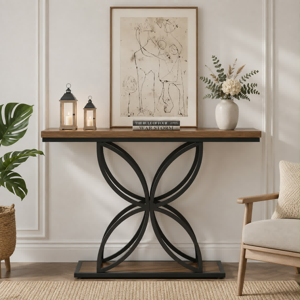 Console d’entrée élégante et moderne – finition bois brun et métal noir