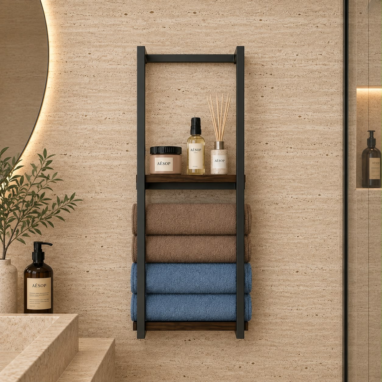 Étagère murale design en métal noir & bois