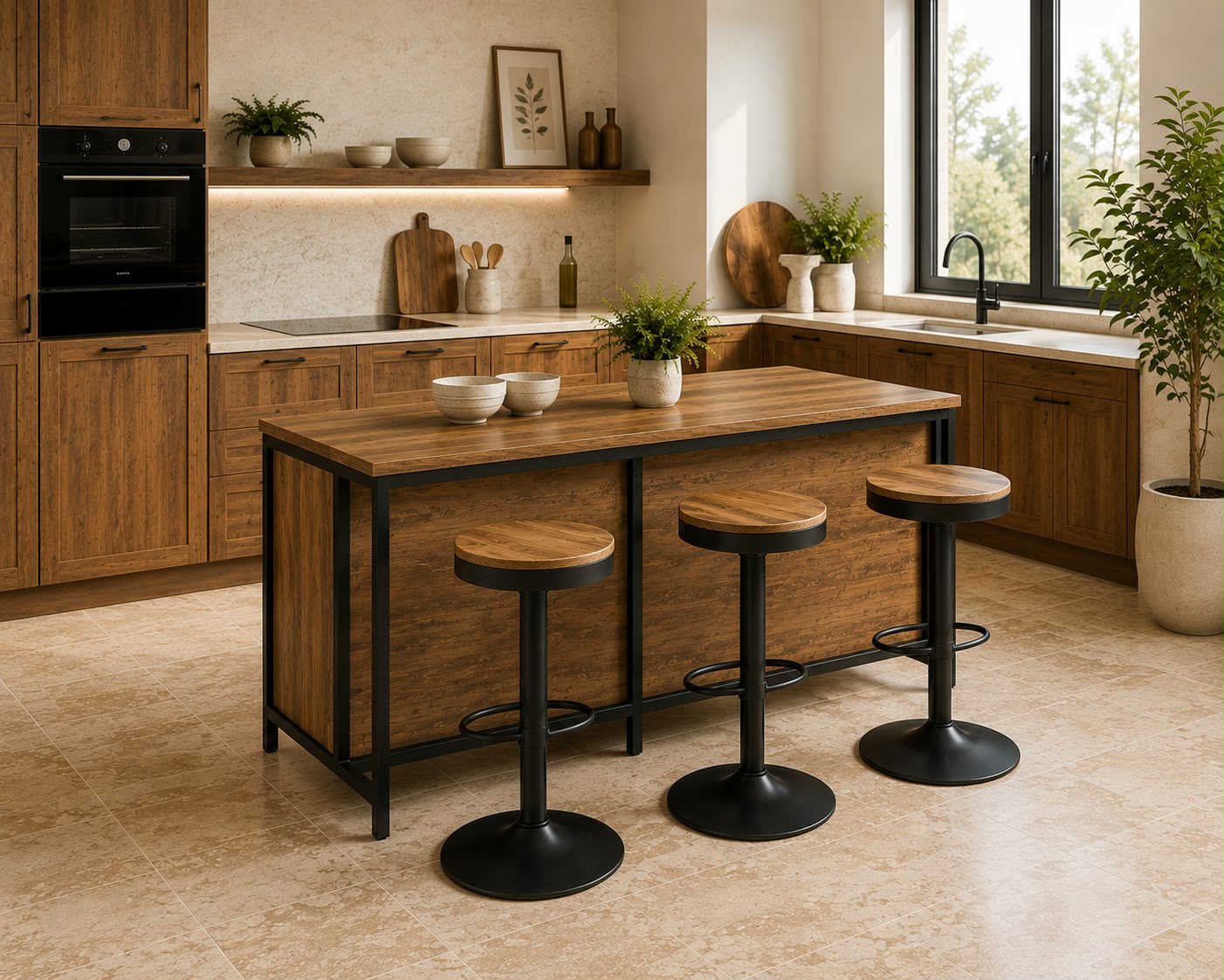 Îlot central de cuisine en bois & métal noir