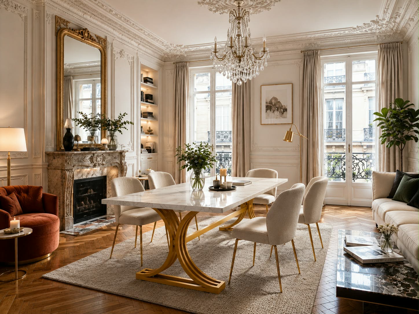 Table à manger en marbre blanc & pieds dorés – Style Art Déco
