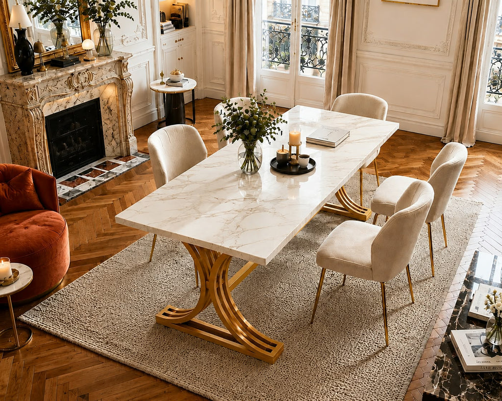 Table à manger en marbre blanc & pieds dorés – Style Art Déco