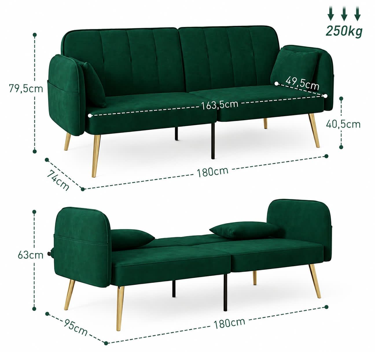 Canapé convertible 2 places en velours – Vert foncé