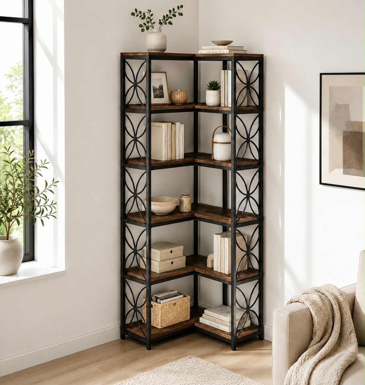 Étagère d’angle industrielle en bois et métal