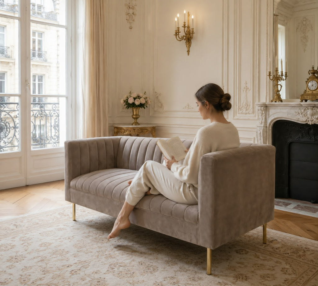 Canapé 3 places en velours taupe – Élégance intemporelle