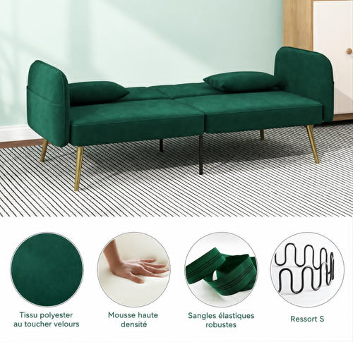 Canapé convertible 2 places en velours – Vert foncé