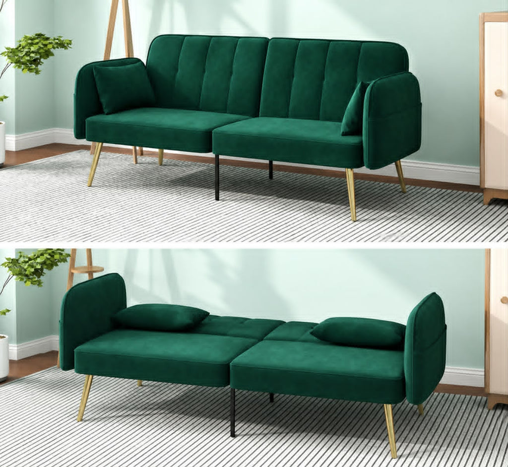 Canapé convertible 2 places en velours – Vert foncé