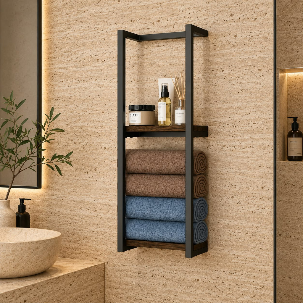 Étagère murale design en métal noir & bois