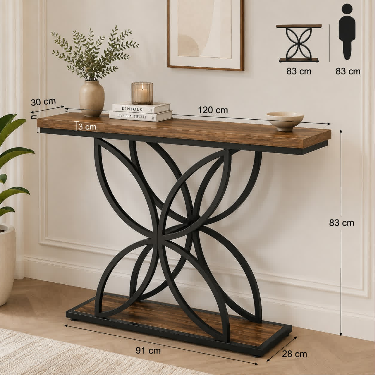 Console d’entrée élégante et moderne – finition bois brun et métal noir