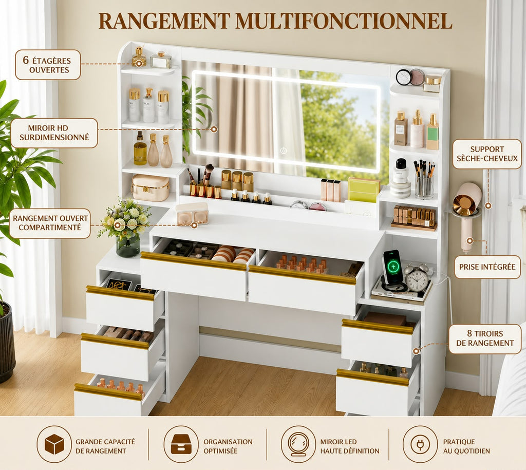 Coiffeuse avec Miroir LED – 8 Tiroirs & Rangement Multifonctionnel