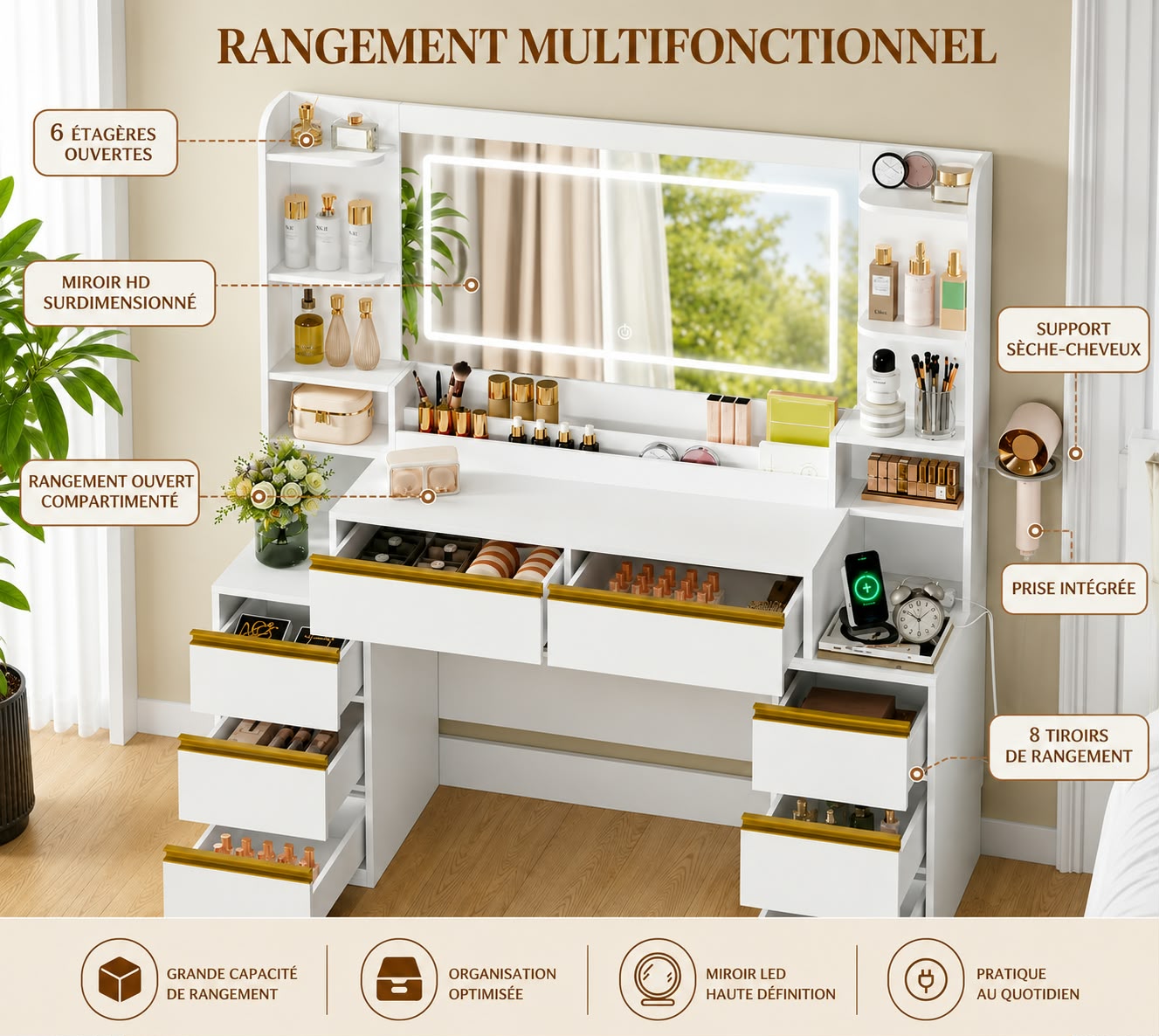 Coiffeuse avec Miroir LED – 8 Tiroirs & Rangement Multifonctionnel