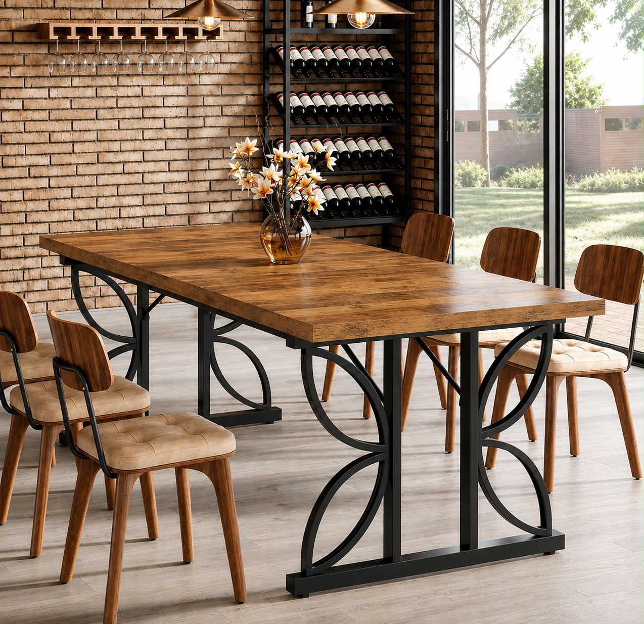 Table à manger industrielle – Bois brun et métal noir