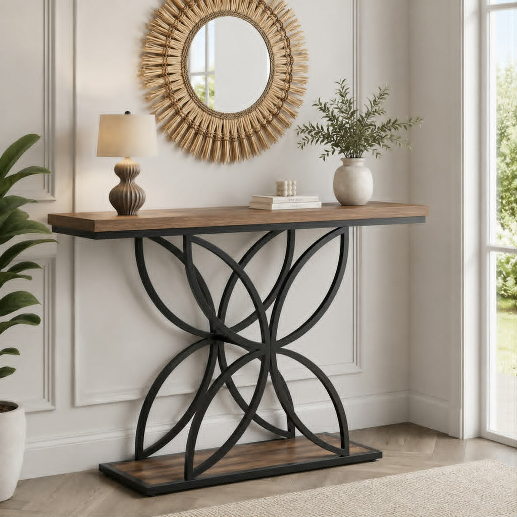 Console d’entrée élégante et moderne – finition bois brun et métal noir