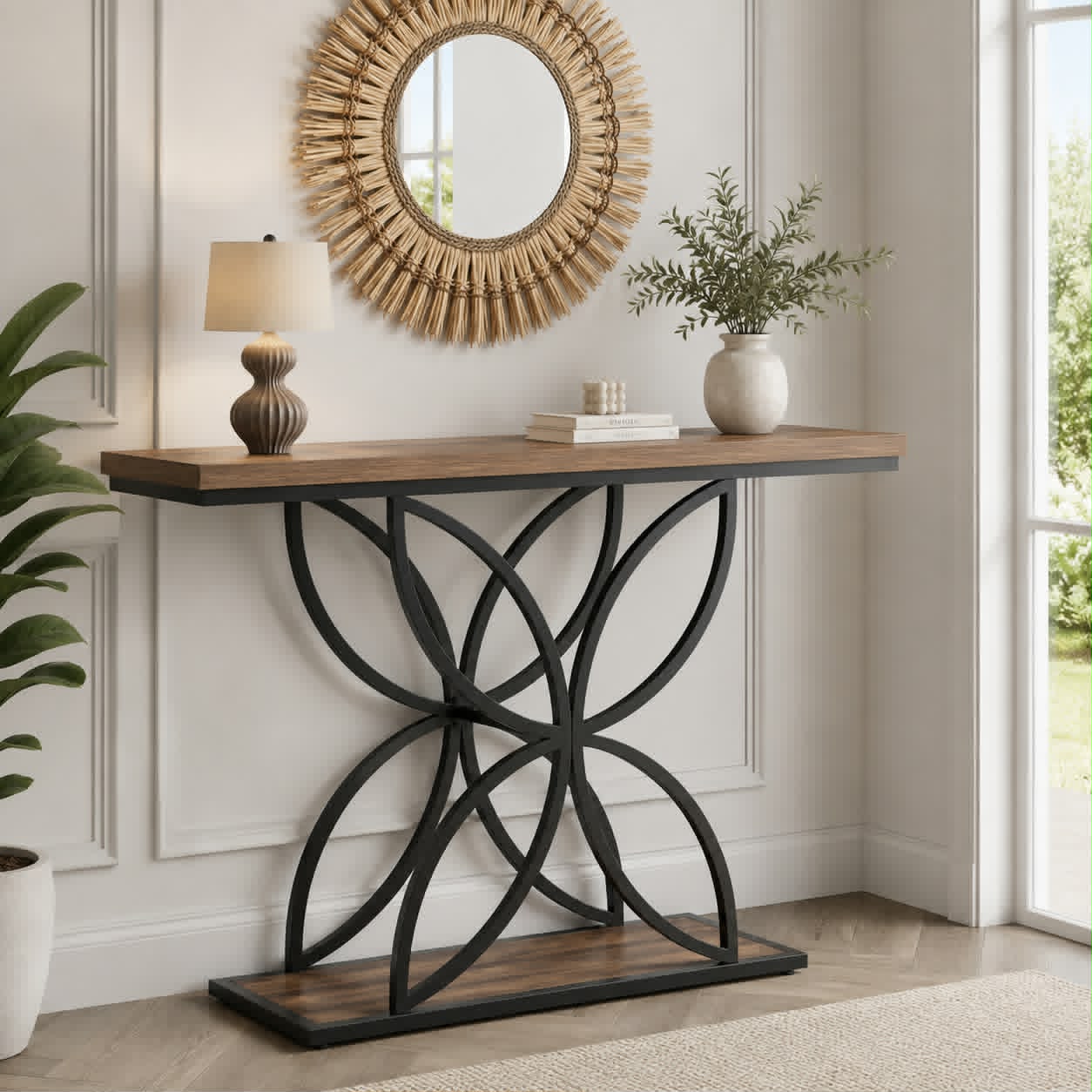 Console d’entrée élégante et moderne – finition bois brun et métal noir