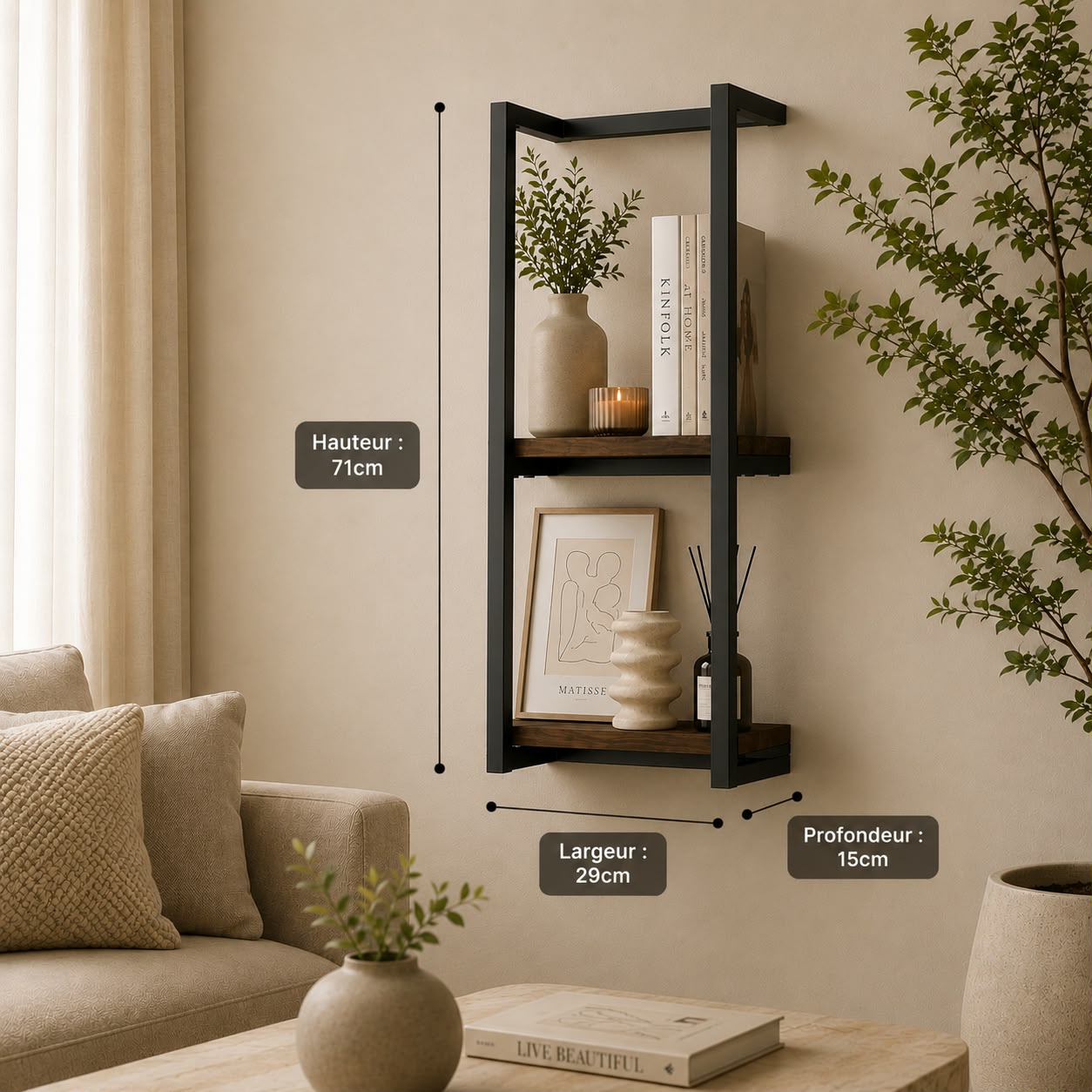 Étagère murale design en métal noir & bois