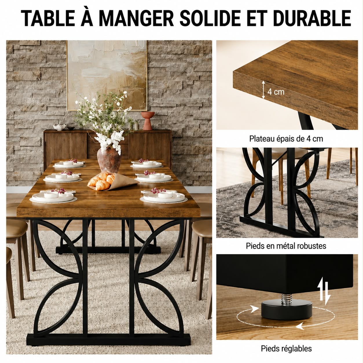 Table à manger industrielle – Bois brun et métal noir