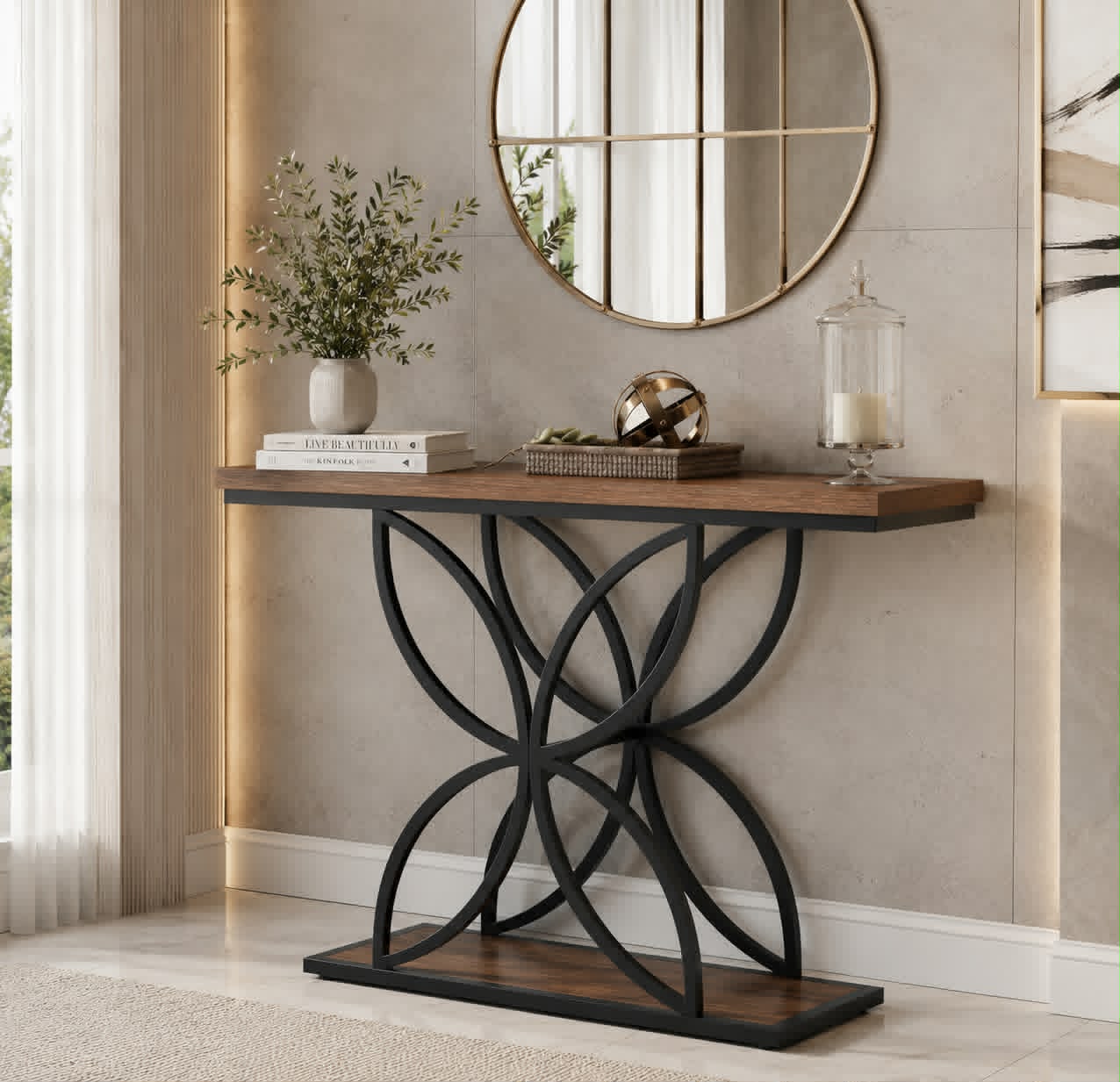 Console d’entrée élégante et moderne – finition bois brun et métal noir