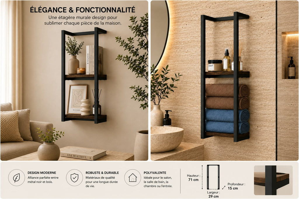 Étagère murale design en métal noir & bois