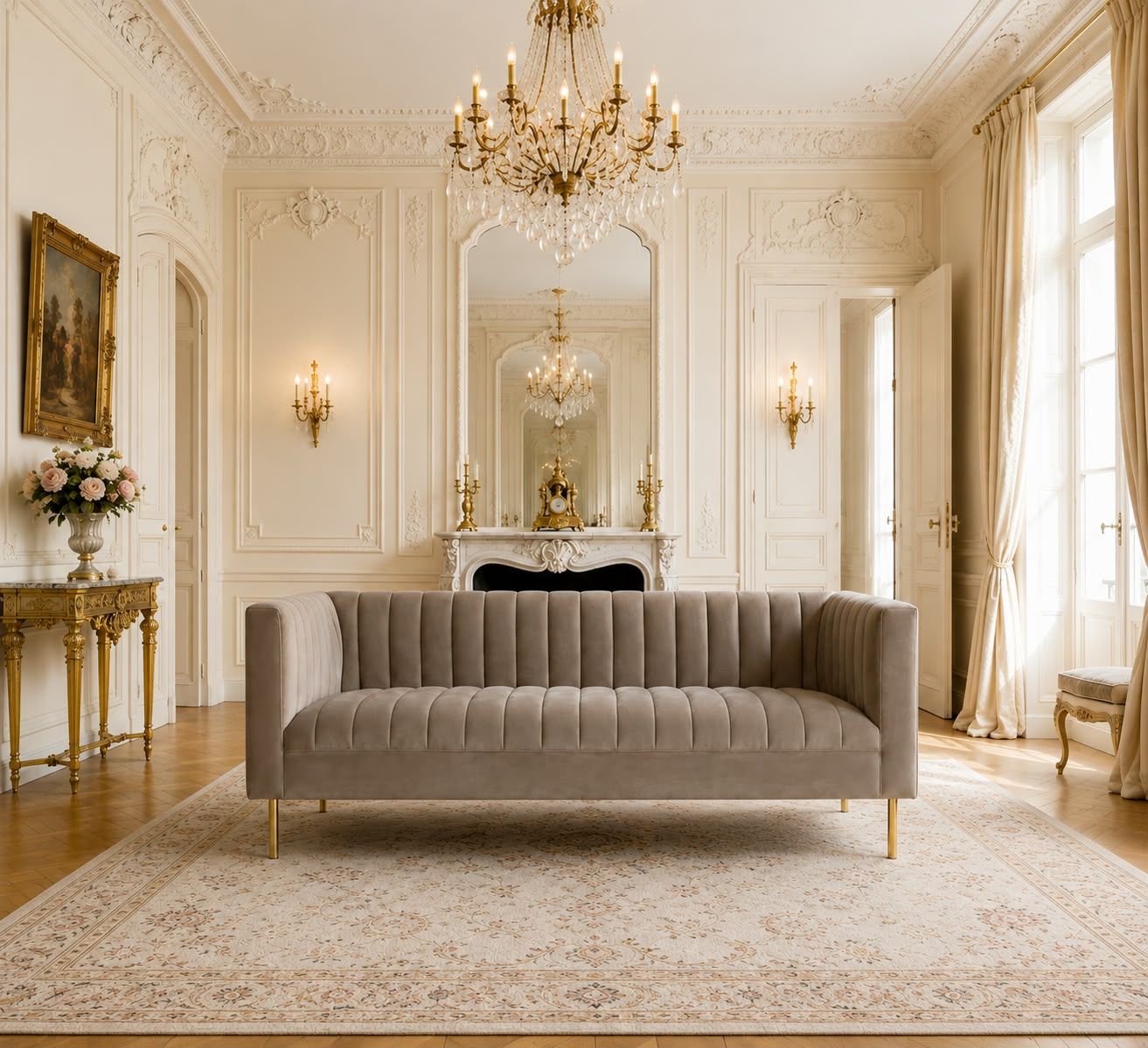 Canapé 3 places en velours taupe – Élégance intemporelle