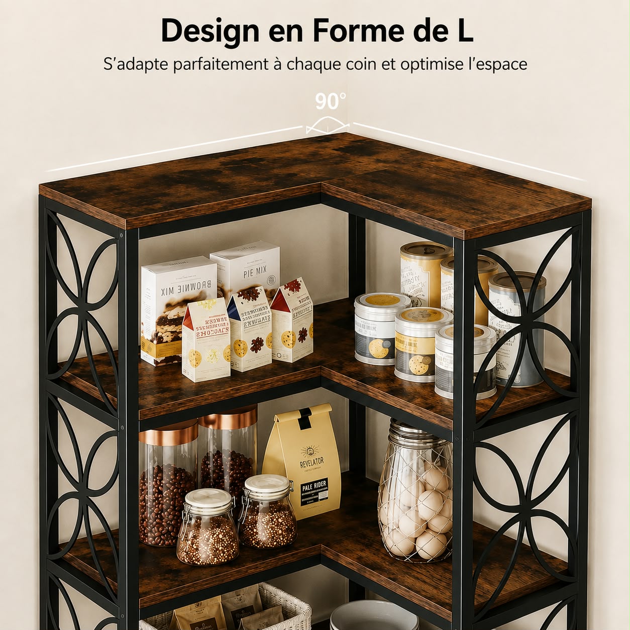 Étagère d’angle industrielle en bois et métal