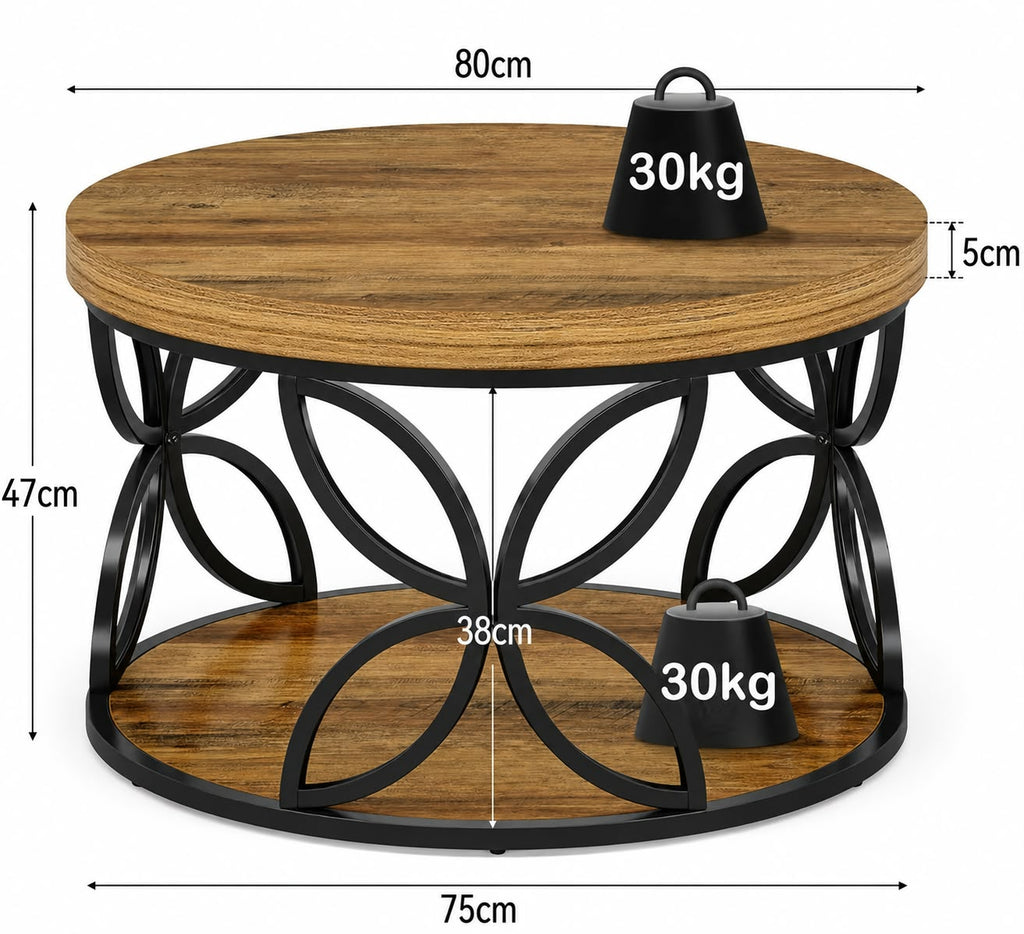 Table basse ronde industrielle en bois et métal noir