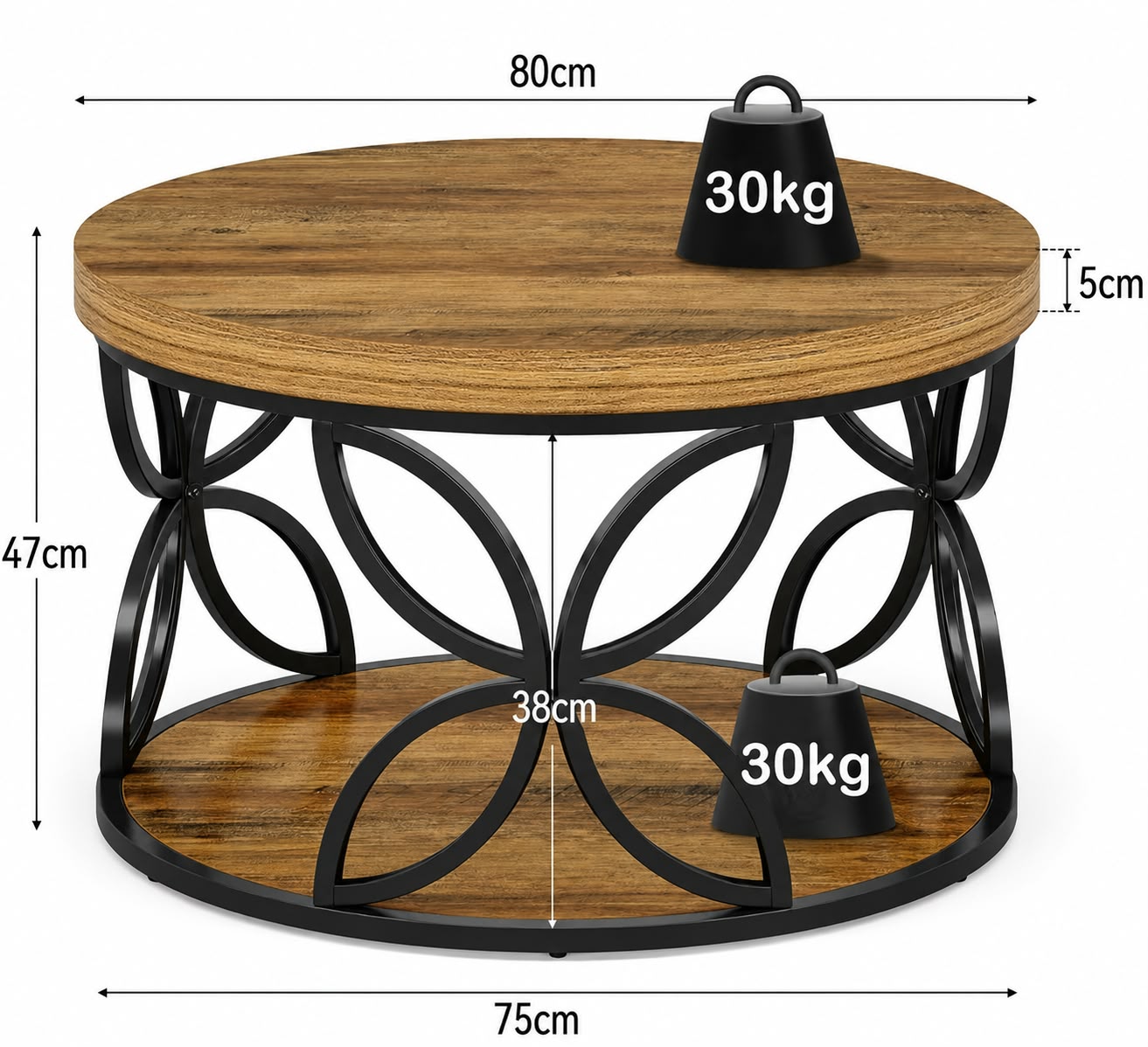 Table basse ronde industrielle en bois et métal noir