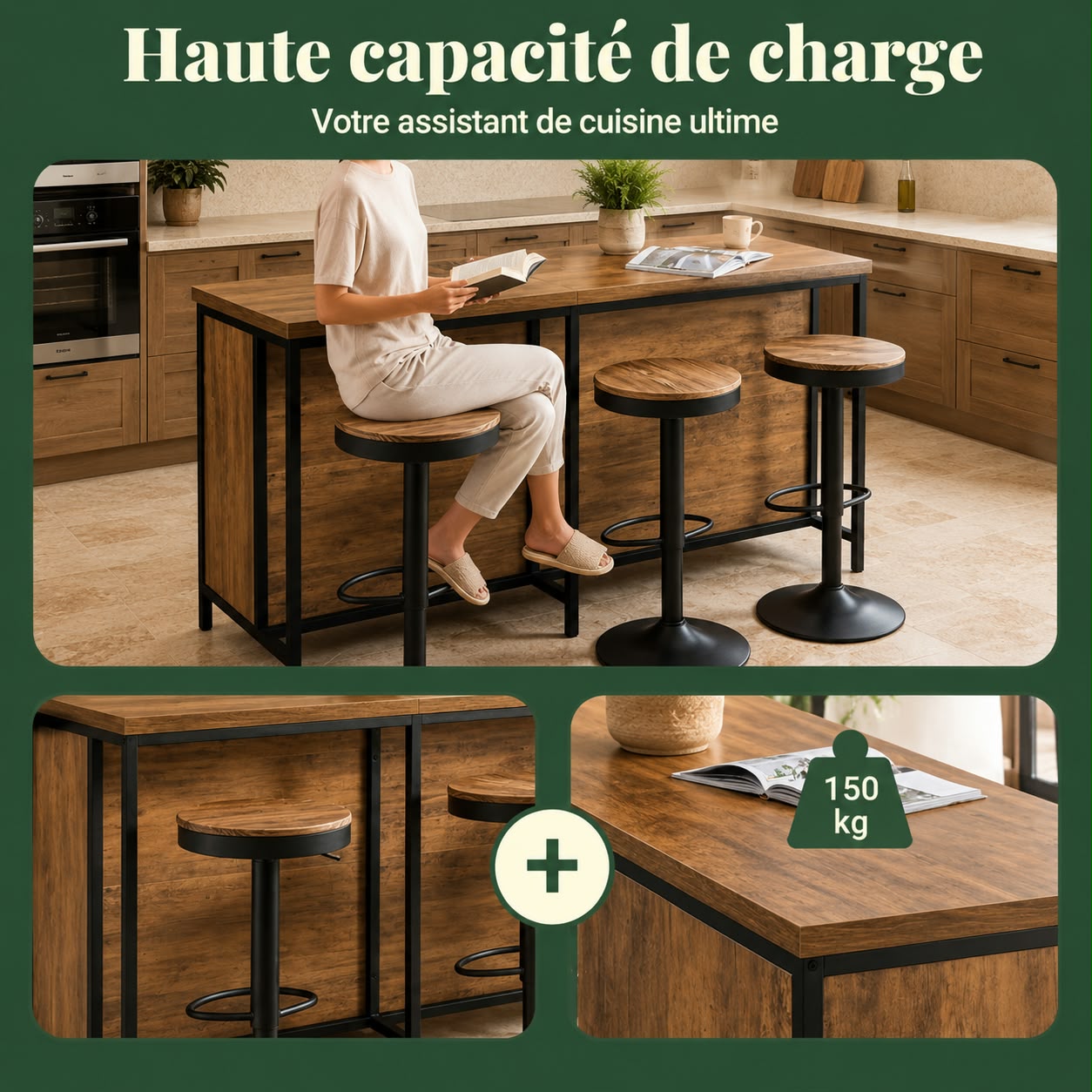 Îlot central de cuisine en bois & métal noir