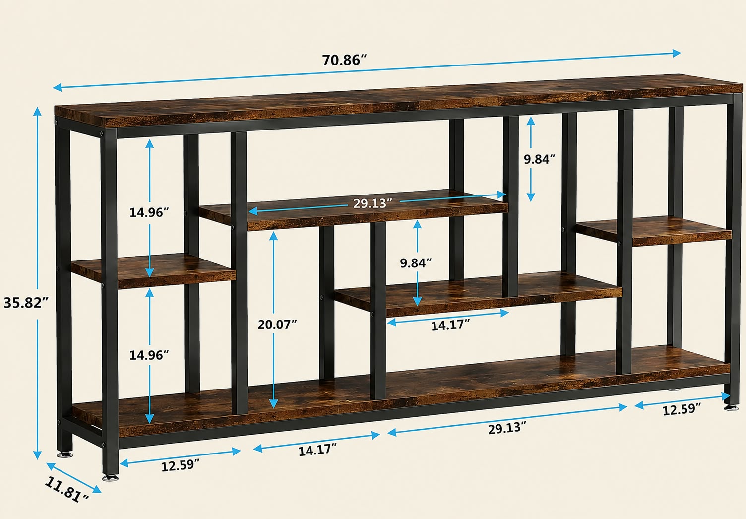 Console industrielle avec étagères – Bois rustique