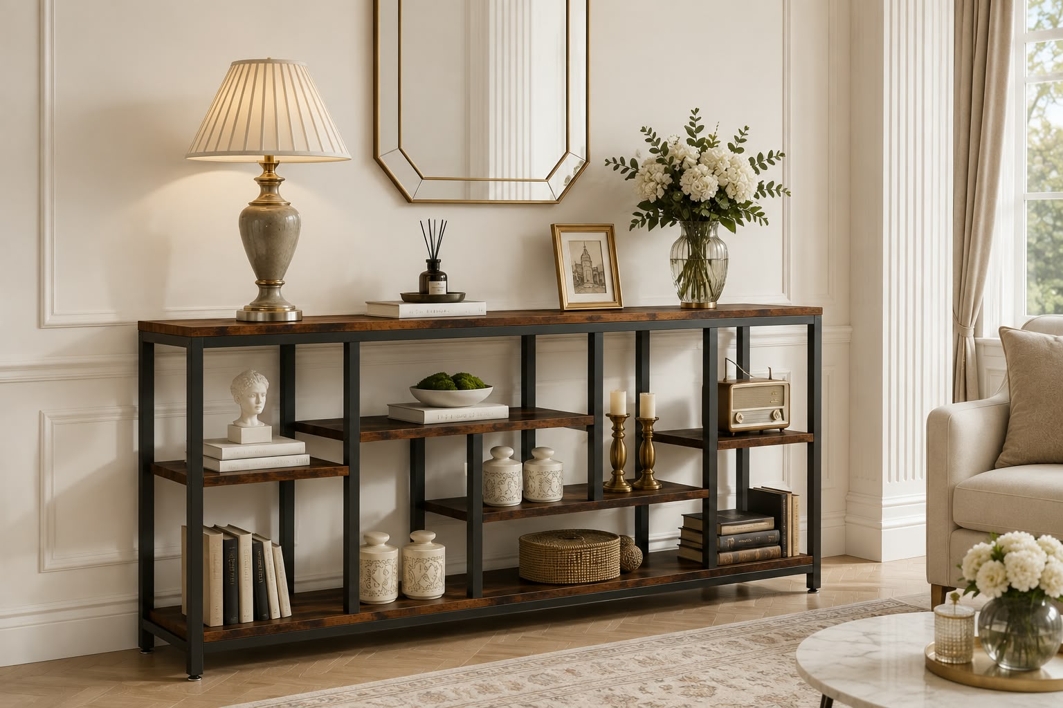 Console industrielle avec étagères – Bois rustique