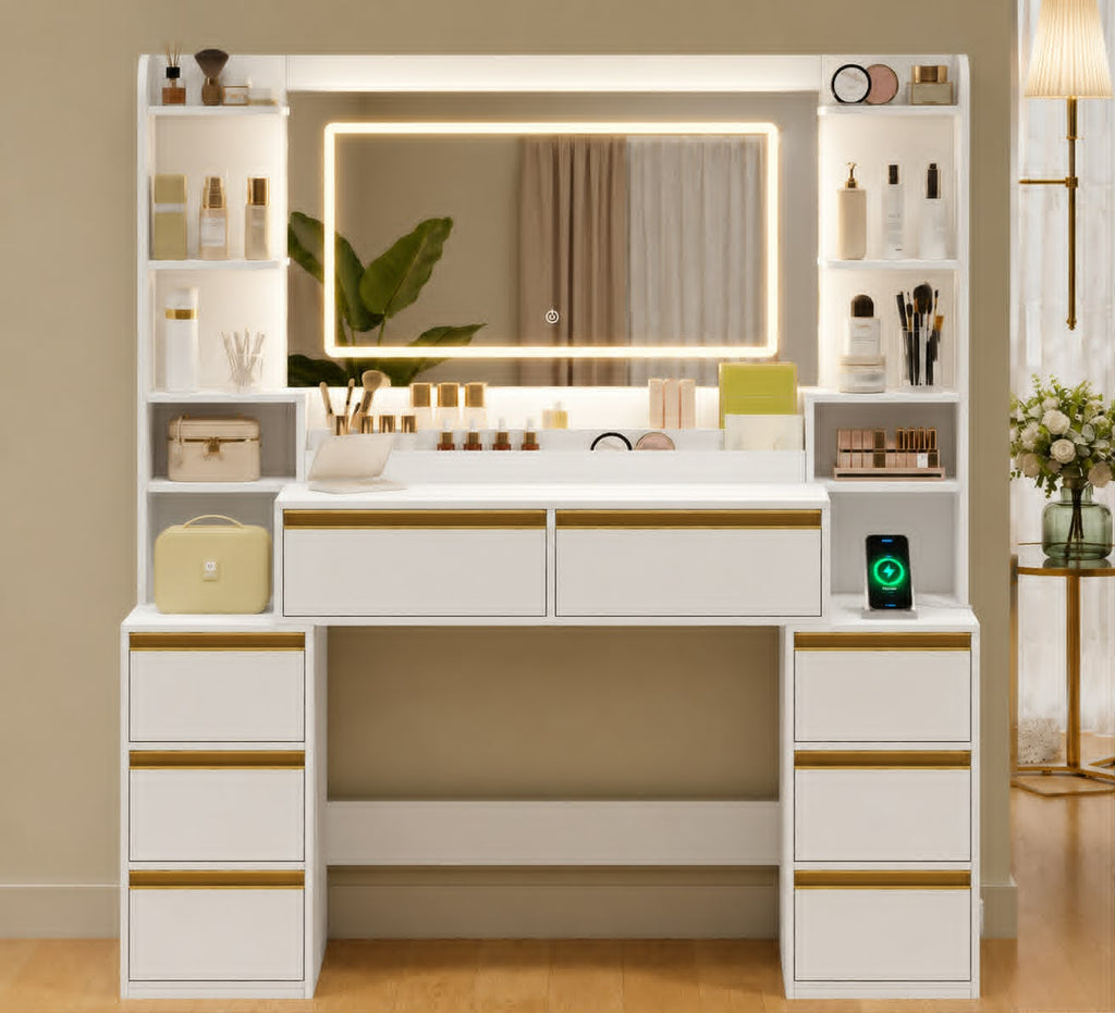 Coiffeuse avec Miroir LED – 8 Tiroirs & Rangement Multifonctionnel