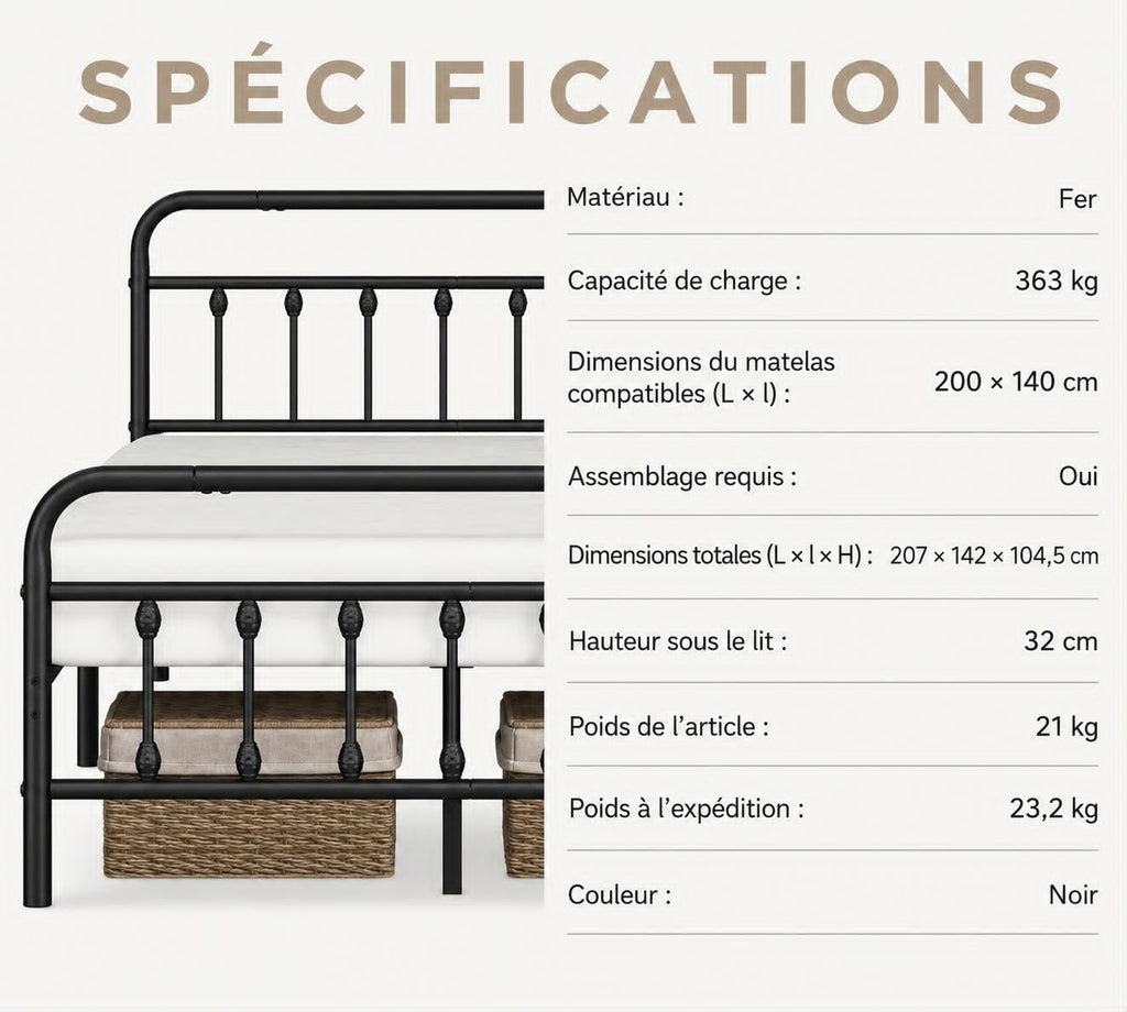 Lit en Métal Noir 140 × 200 cm – Style Élégant & Intemporel