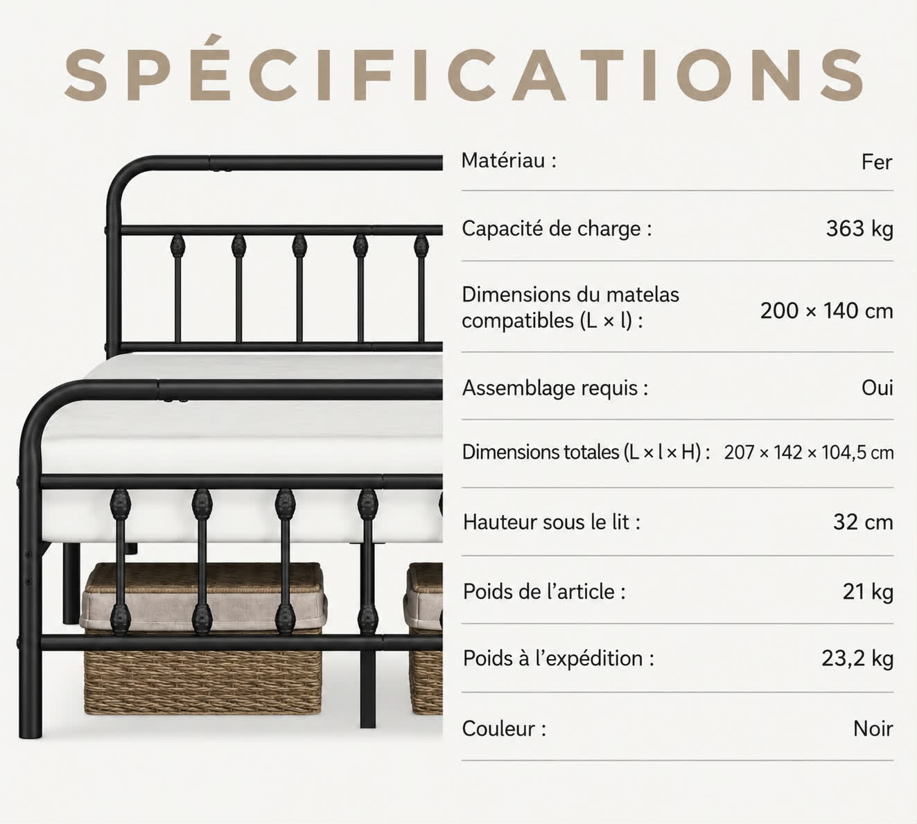Lit en Métal Noir 140 × 200 cm – Style Élégant & Intemporel