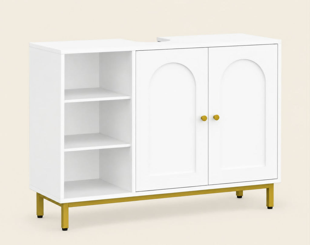 Meuble de salle de bain blanc & doré – Élégance intemporelle