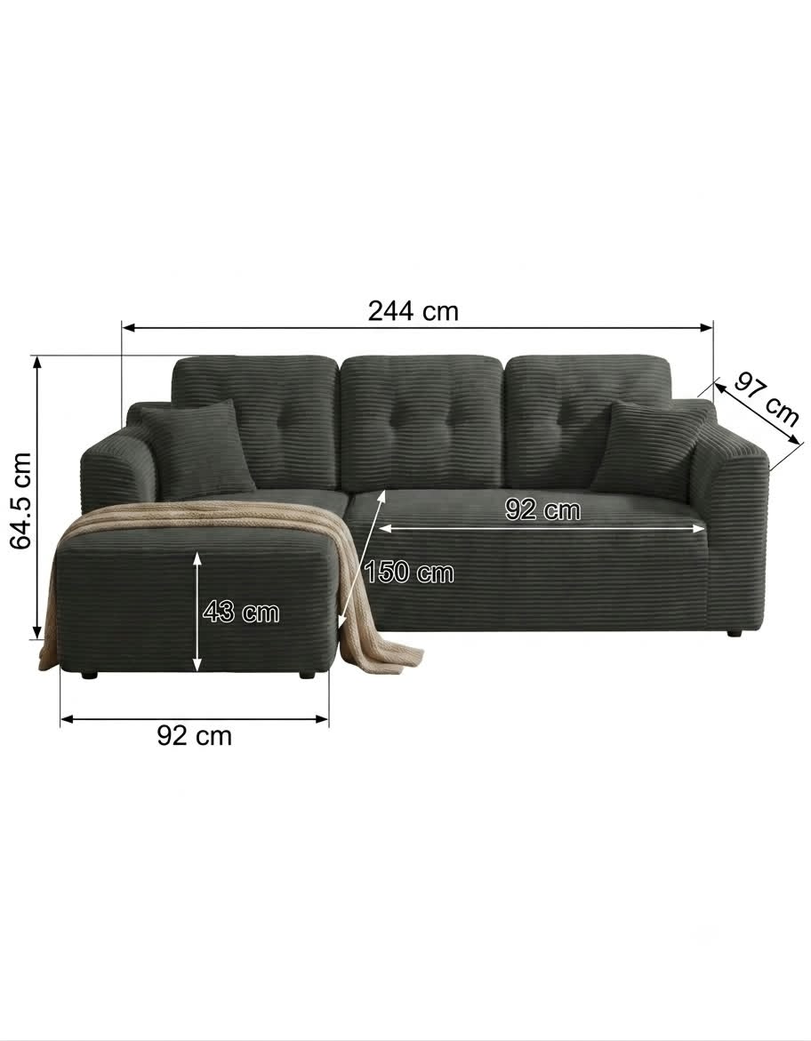 Canapé d'angle Modulable 3 Places Velours Côtelé Gris Foncé